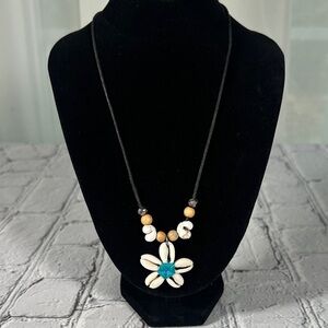 Flower Shell Necklace On Thin Rope Beach Hawaiian Bohemian Necklace 16”